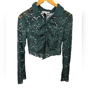 Green Ruffled Crop Blouse with Bib Collar
